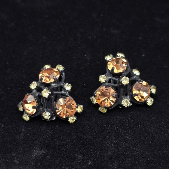 Vintage Joseph Warner Clip On Earrings Rhinestone Orange Champagne Japaned Black - Picture 5 of 8